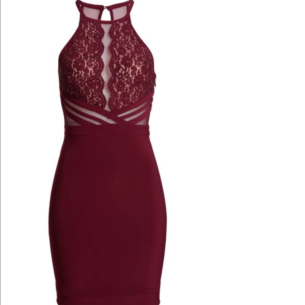 Shear and lace mid dress maroon